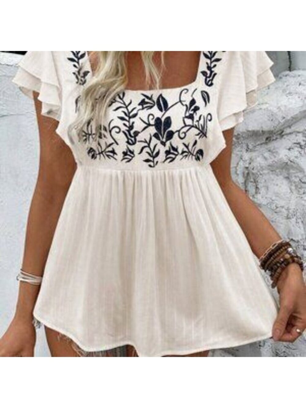 Apricot Boho Women's Square Neck Embroidered Short Sleeve Shirt Peplum Top - Picture 4 of 5